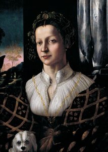 Jonge vrouw met hondje door Amico Friuliano del Dosso